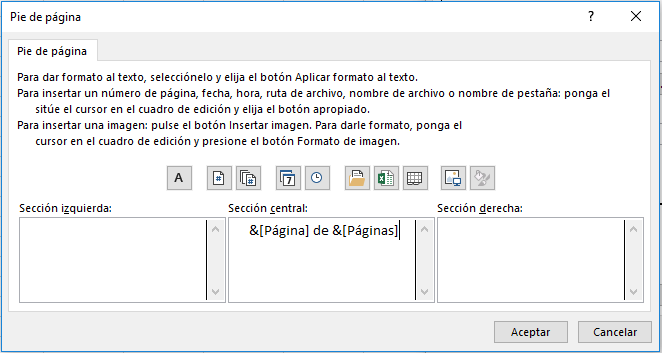 cuadro personalizar pie de página en Excel