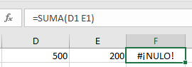 Errores de celda en Excel - significado - Error NULO