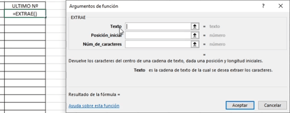 Asistente de fórmula EXTRAE en Excel